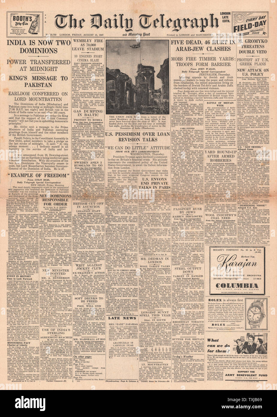 1947 Daily Telegraph page avant l'Inde obtient son indépendance Banque D'Images