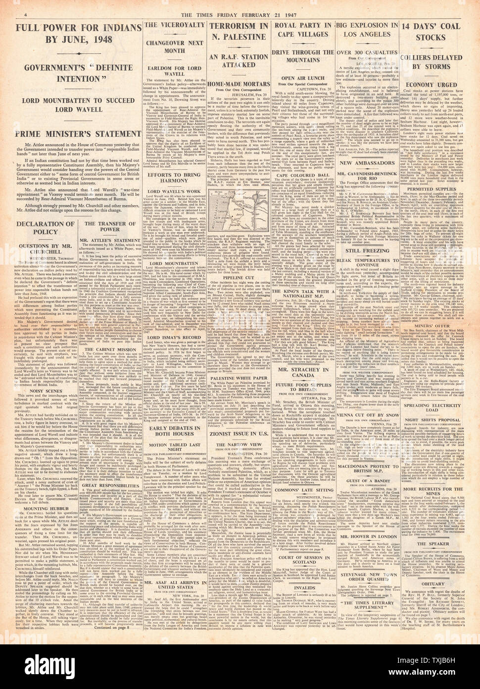 Le journal The Times 1947 page 4 l'Inde obtient son indépendance Banque D'Images