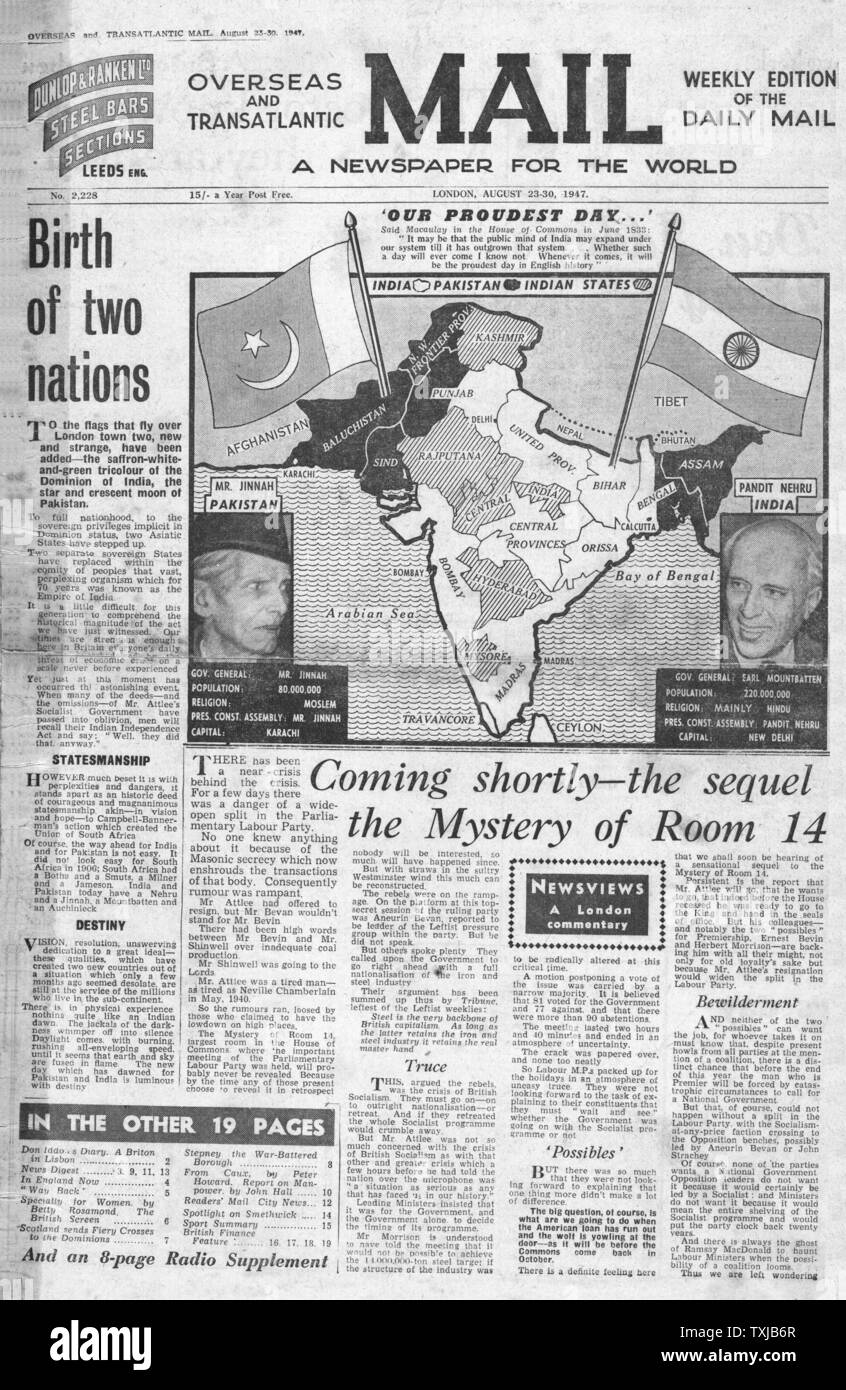 1947 Daily Mail (édition hebdomadaire) première page de journal de l'Inde et le Pakistan à l'indépendance Banque D'Images