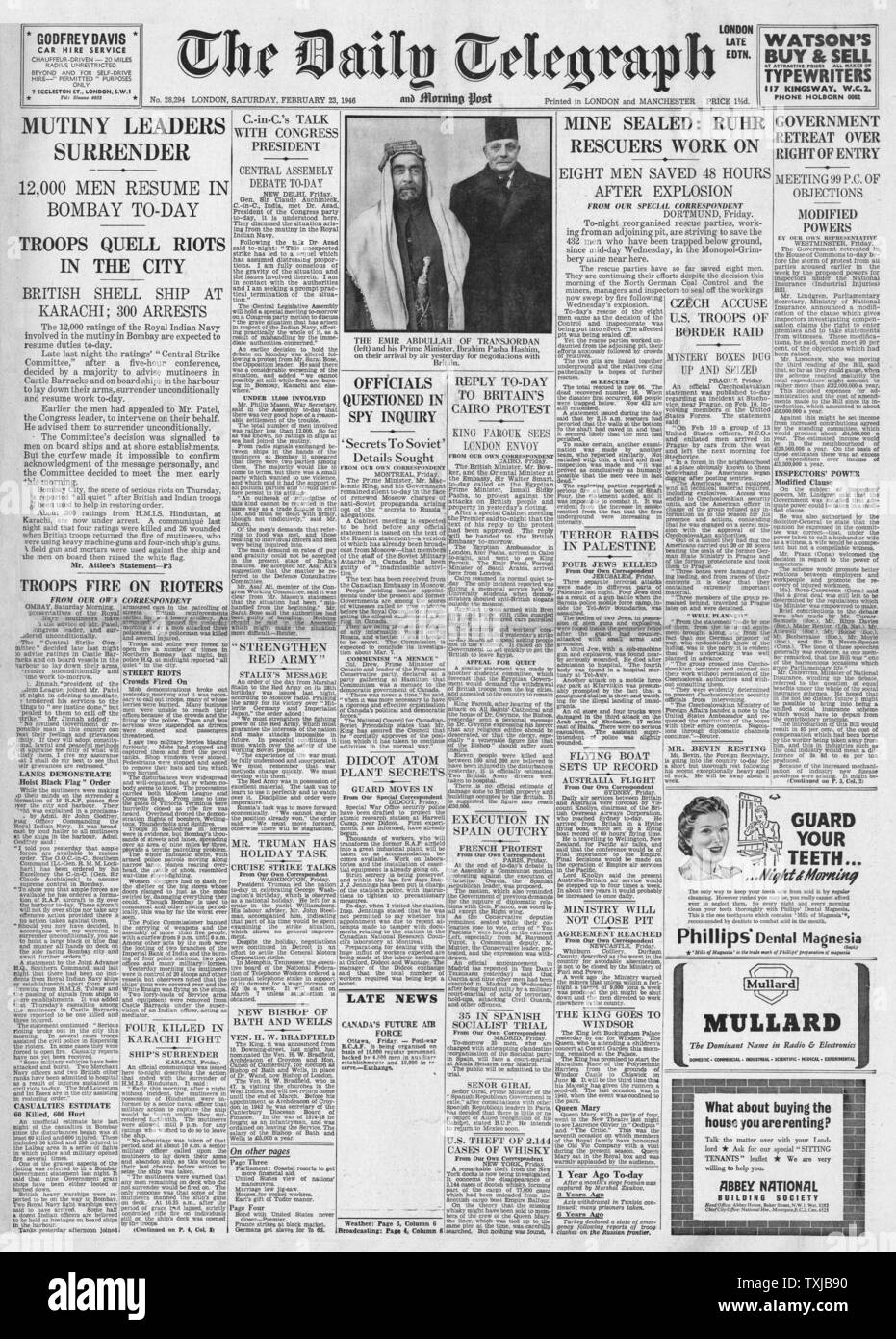 1946 Daily Telegraph page avant les émeutes de Bombay Banque D'Images