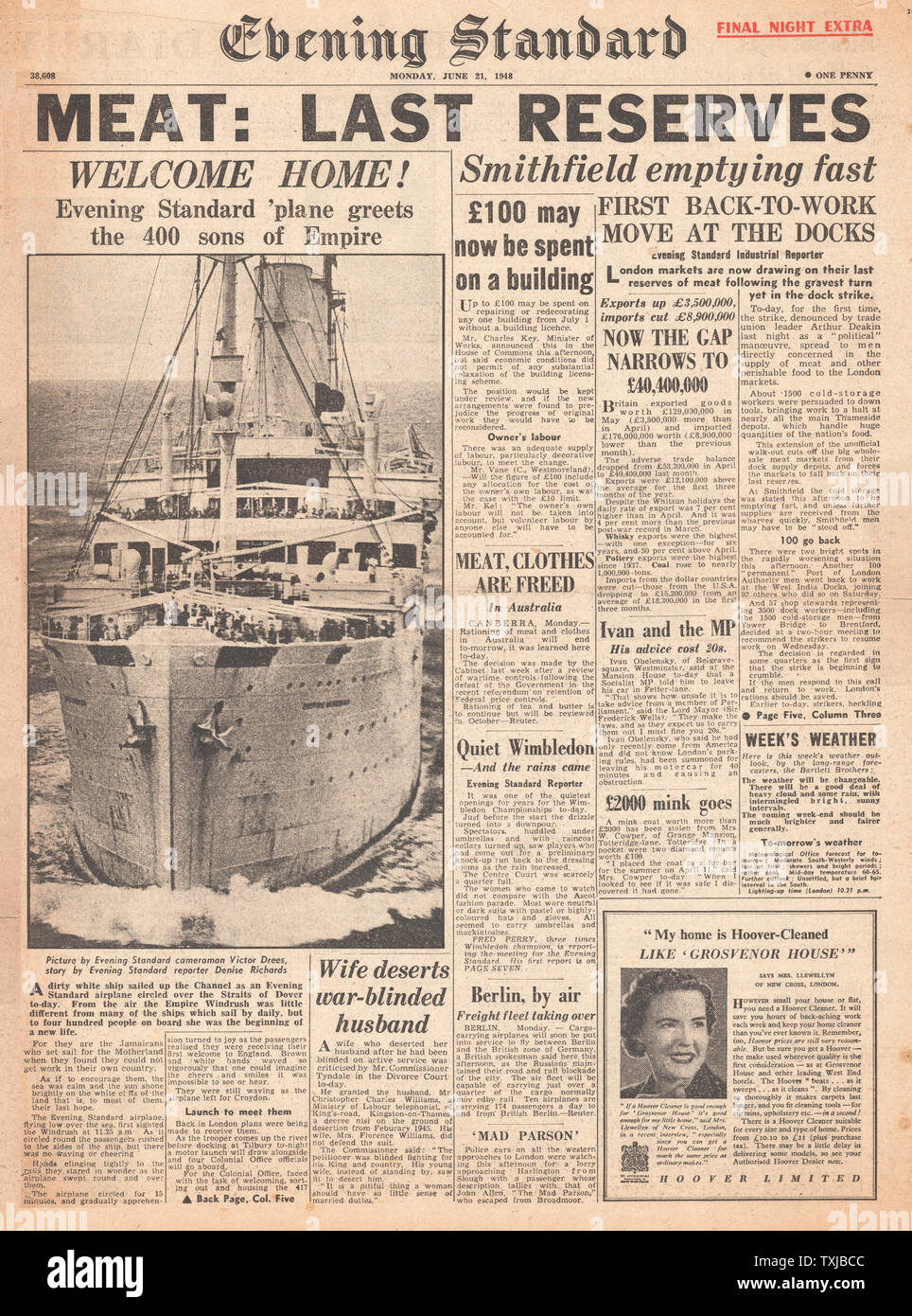 1948 journal Evening Standard page avant l'arrivée de l'Empire Windrush en Grande-Bretagne Banque D'Images