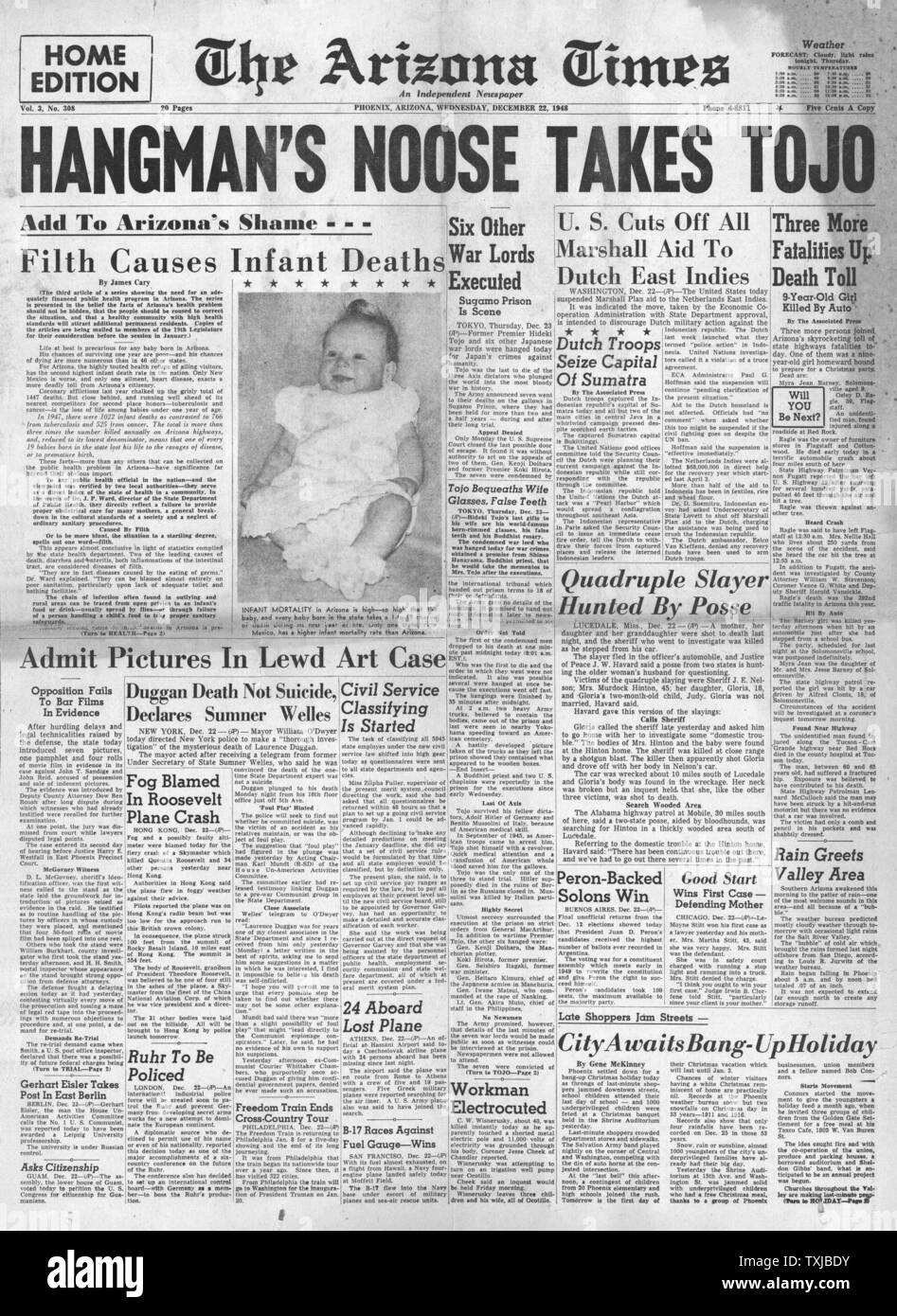 Le journal The Times 1948 Arizona avant l'exécution de la page Hideki Tōjō Banque D'Images