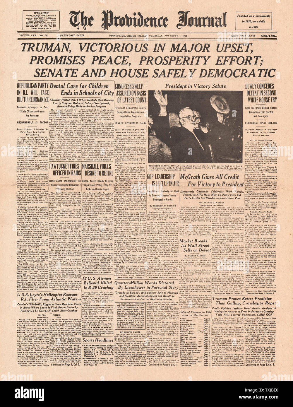 1948 La Providence journal Journal front page Truman élu président battu Thomas Dewey Banque D'Images