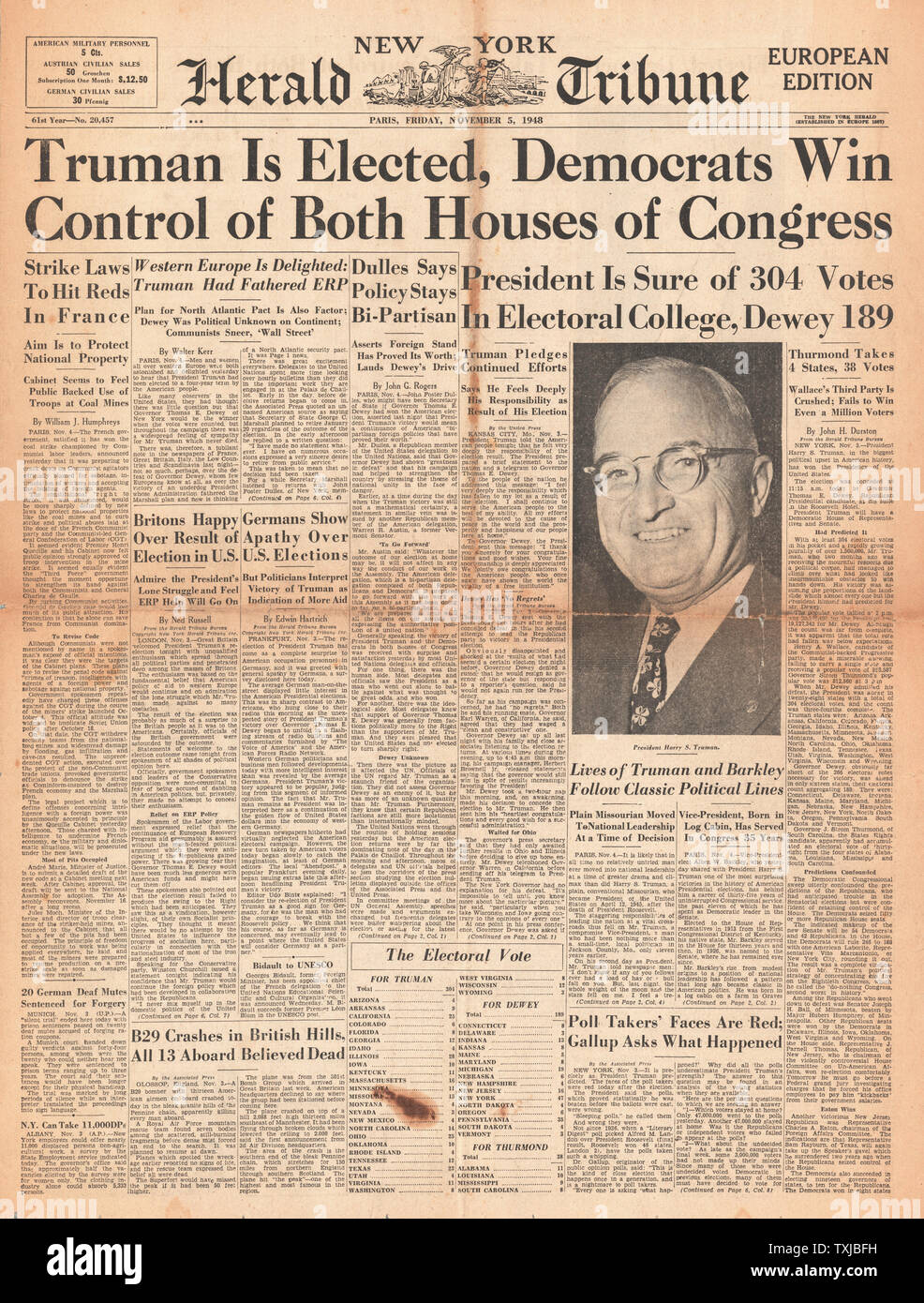 1948 New York Herald front page Truman élu président battu Thomas Dewey Banque D'Images