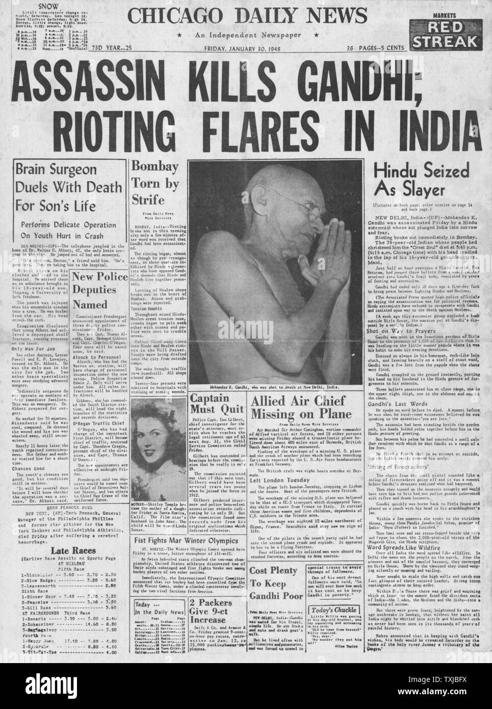 1948 Chicago Daily News front page le Mahatma Gandhi assassiné Banque D'Images