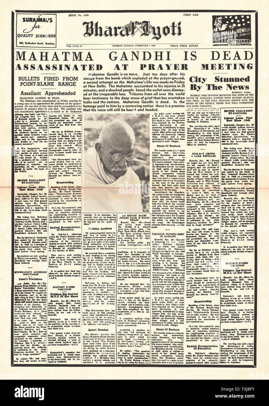 1948 journal Bhara Jyoti Mahatma Ghandi assassiné Banque D'Images