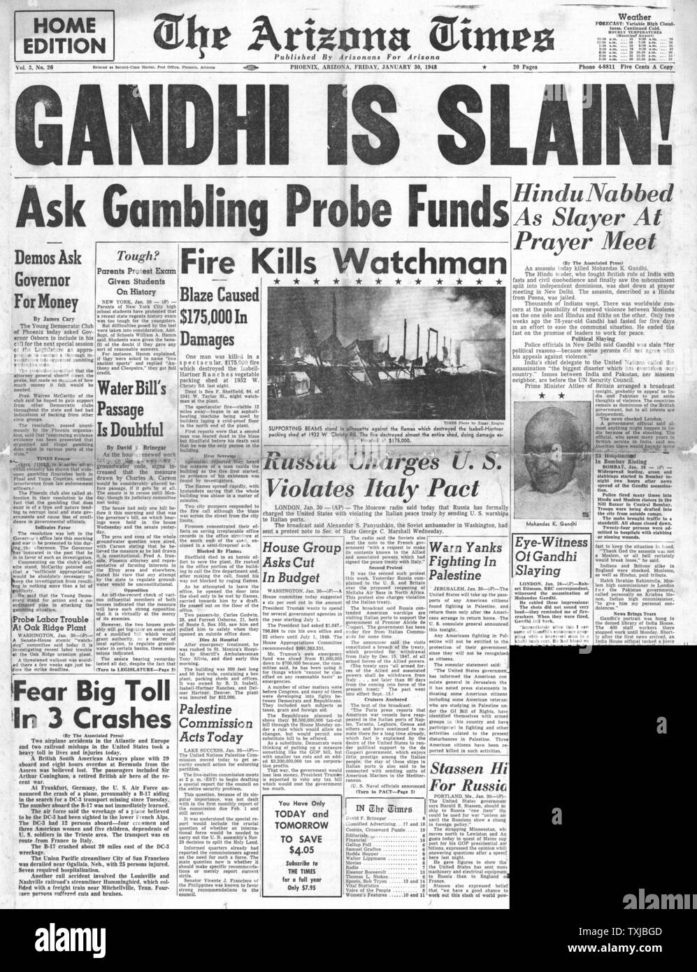 1948 Arizona Daily Times newspaper front page le Mahatma Gandhi assassiné Banque D'Images