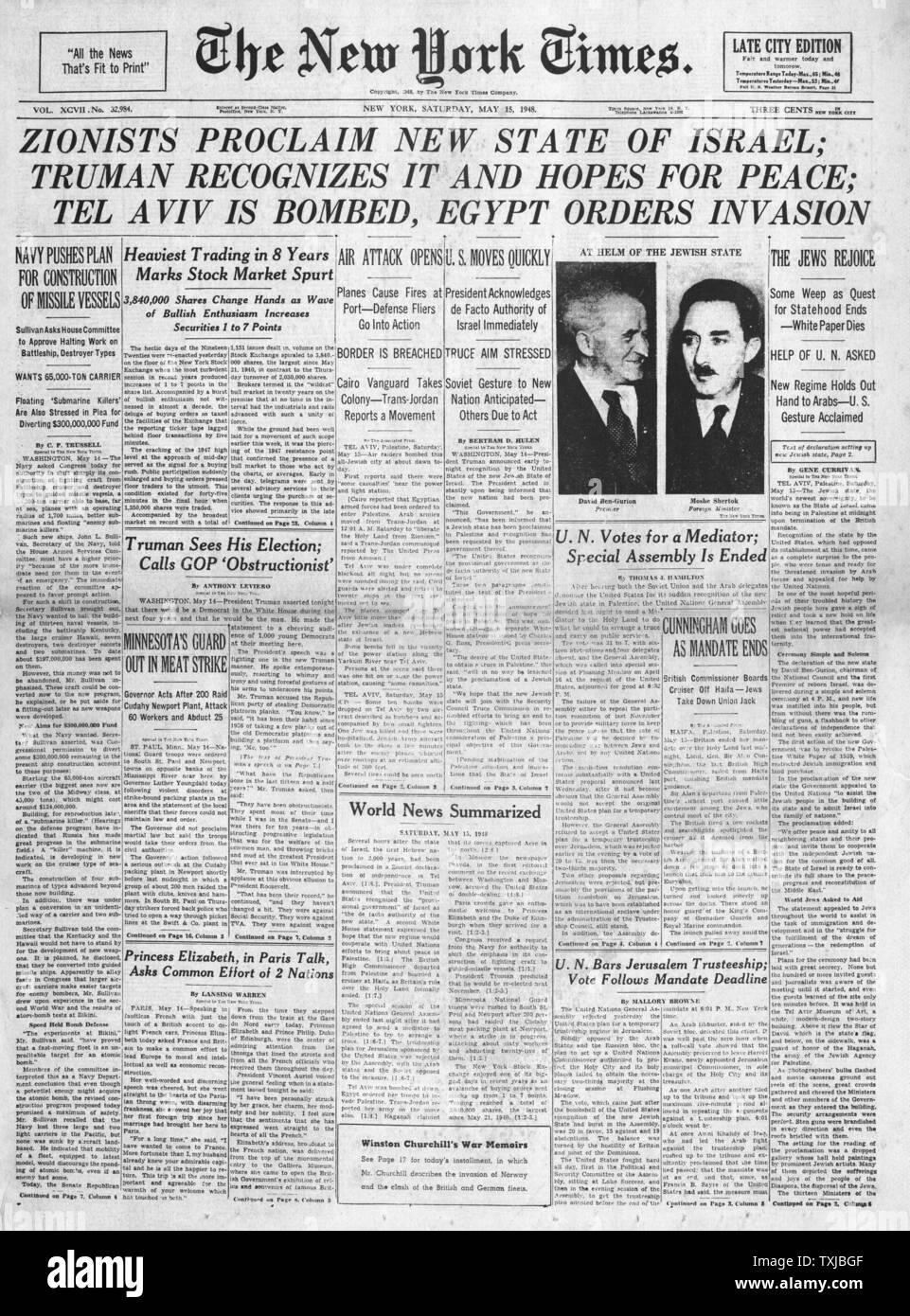 New York Times 1948 Etat d'Israël est né Banque D'Images
