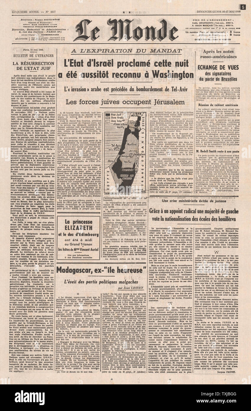 1948 Le Monde (français) journal Etat d'Israël est né Banque D'Images