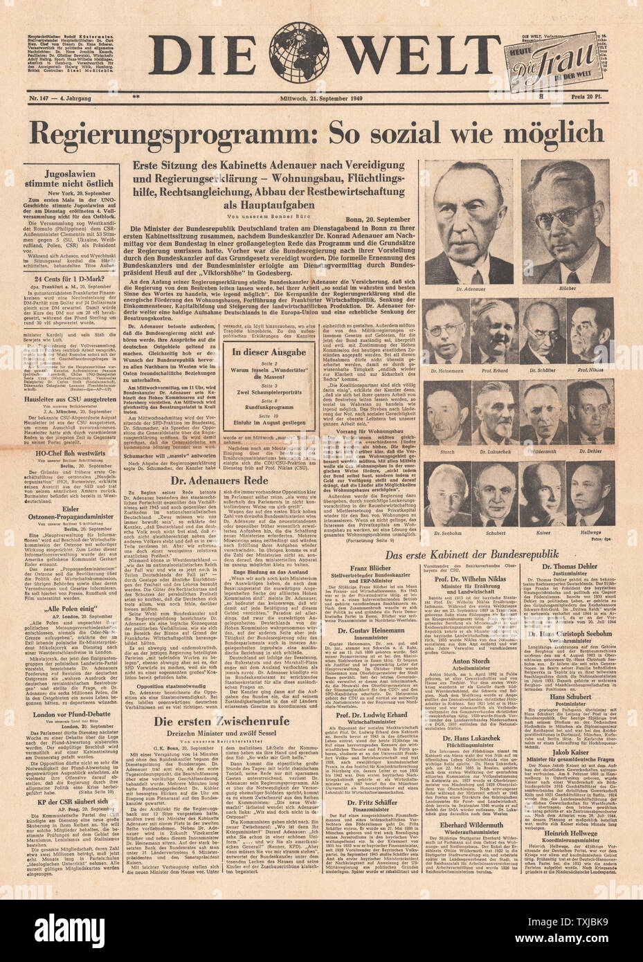 1949 journal Die Welt front page nouveau gouvernement ouest-allemand Banque D'Images