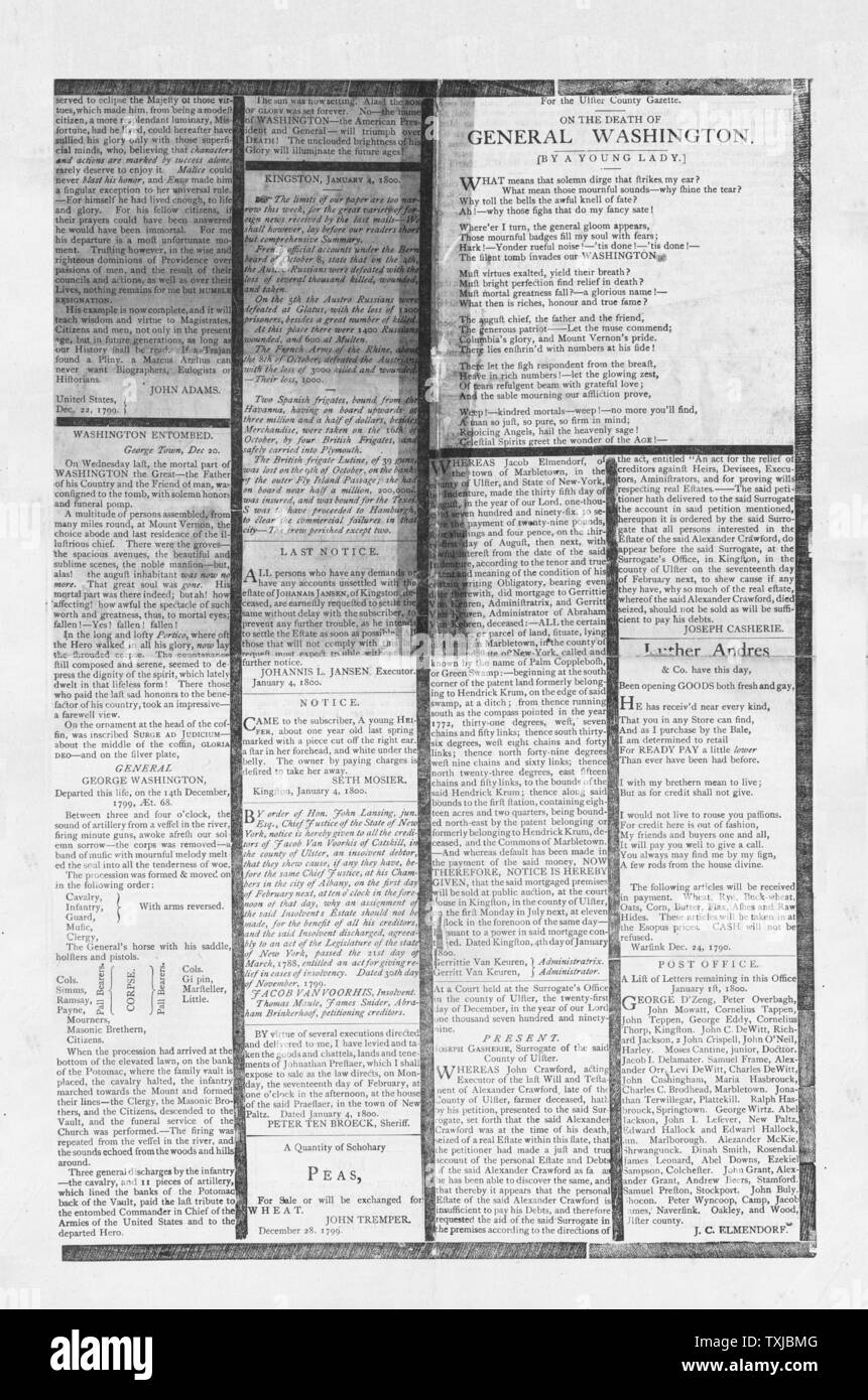 1800 journal la Gazette du comté d'Ulster page avant la mort de George Washington Banque D'Images