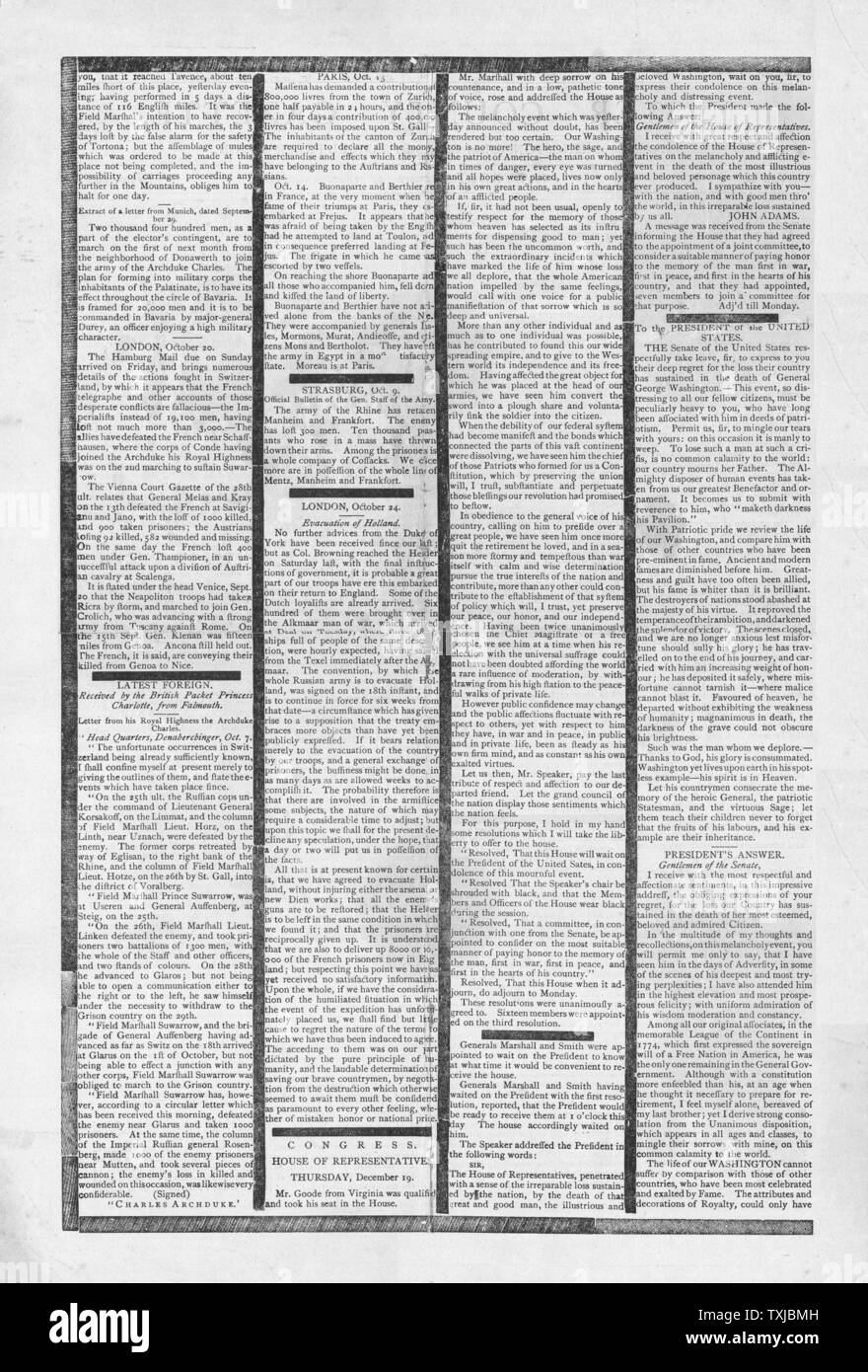 1800 Ulster Comté page journal la Gazette du décès de George Washington Banque D'Images