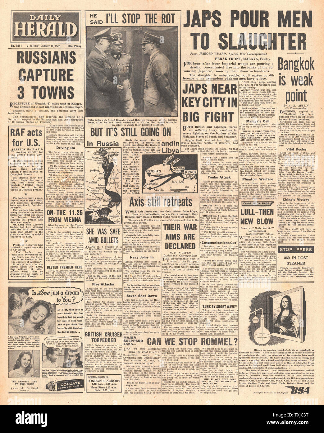 1942 front page Daily Herald bataille pour la Malaisie, les forces de l'axe de réflexion de la Libye et de l'armée russe à l'avance sur le front de l'Est Banque D'Images