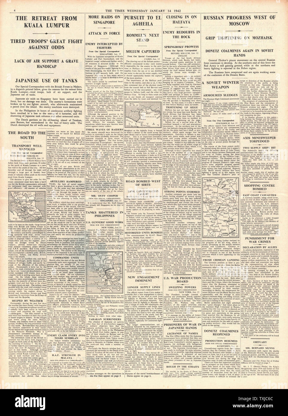 1942 page 4 les temps de réflexion alliées de Kuala Lumpur, les forces de l'axe de réflexion de la Libye et de l'armée russe à l'avance de Moscou Banque D'Images