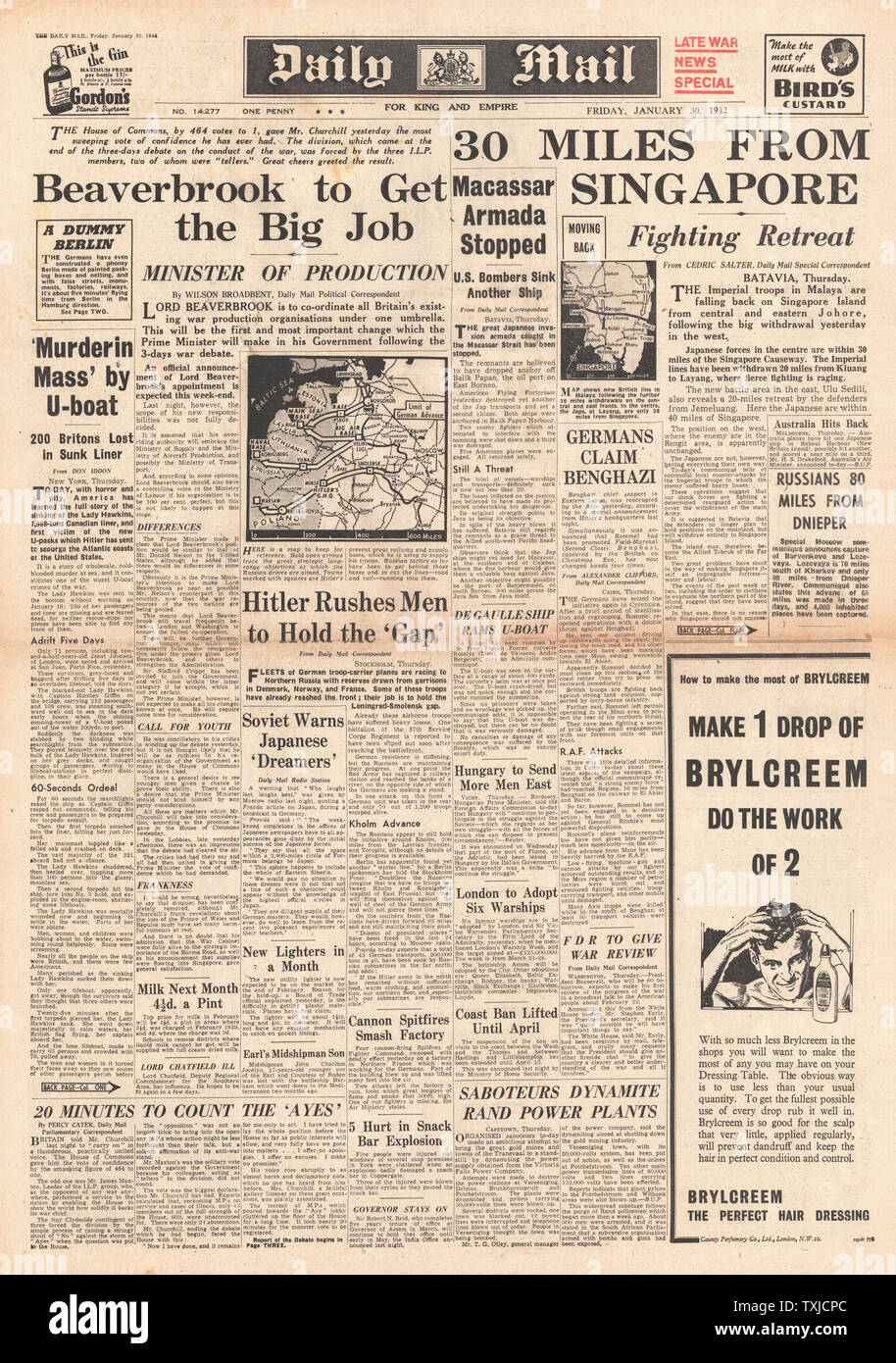 1942 front page Daily Mail Bataille pour Singapour, les forces de l'axe reprendre Benghazi et l'avance de l'armée russe sur Smolensk et Kharkov Banque D'Images