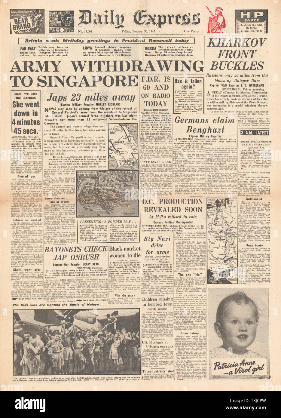 1942 front page Daily Express Bataille pour Singapour, les forces de l'axe reprendre Benghazi et l'avance de l'armée russe sur Smolensk et Kharkov Banque D'Images