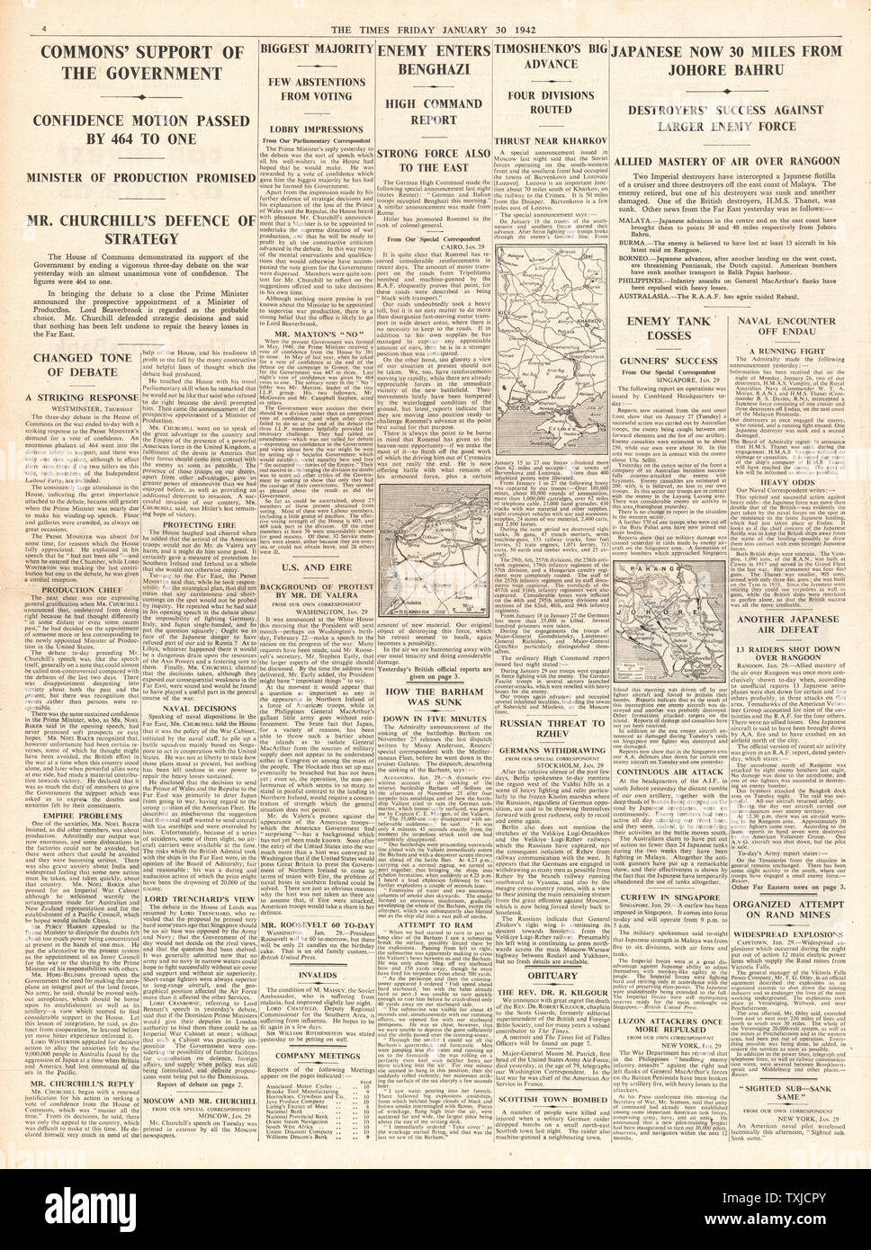 1942 page 4 la fois Vote de confiance pour le gouvernement britannique, Bataille pour Singapour, les forces de l'axe reprendre Benghazi et l'avance de l'armée russe à Kiev Banque D'Images