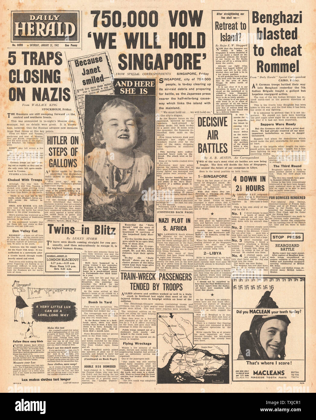 1942 front page Daily Herald l'avance de l'armée japonaise sur Singapour, les forces de l'axe reprendre Benghazi et l'avance de l'armée russe à Kiev Banque D'Images
