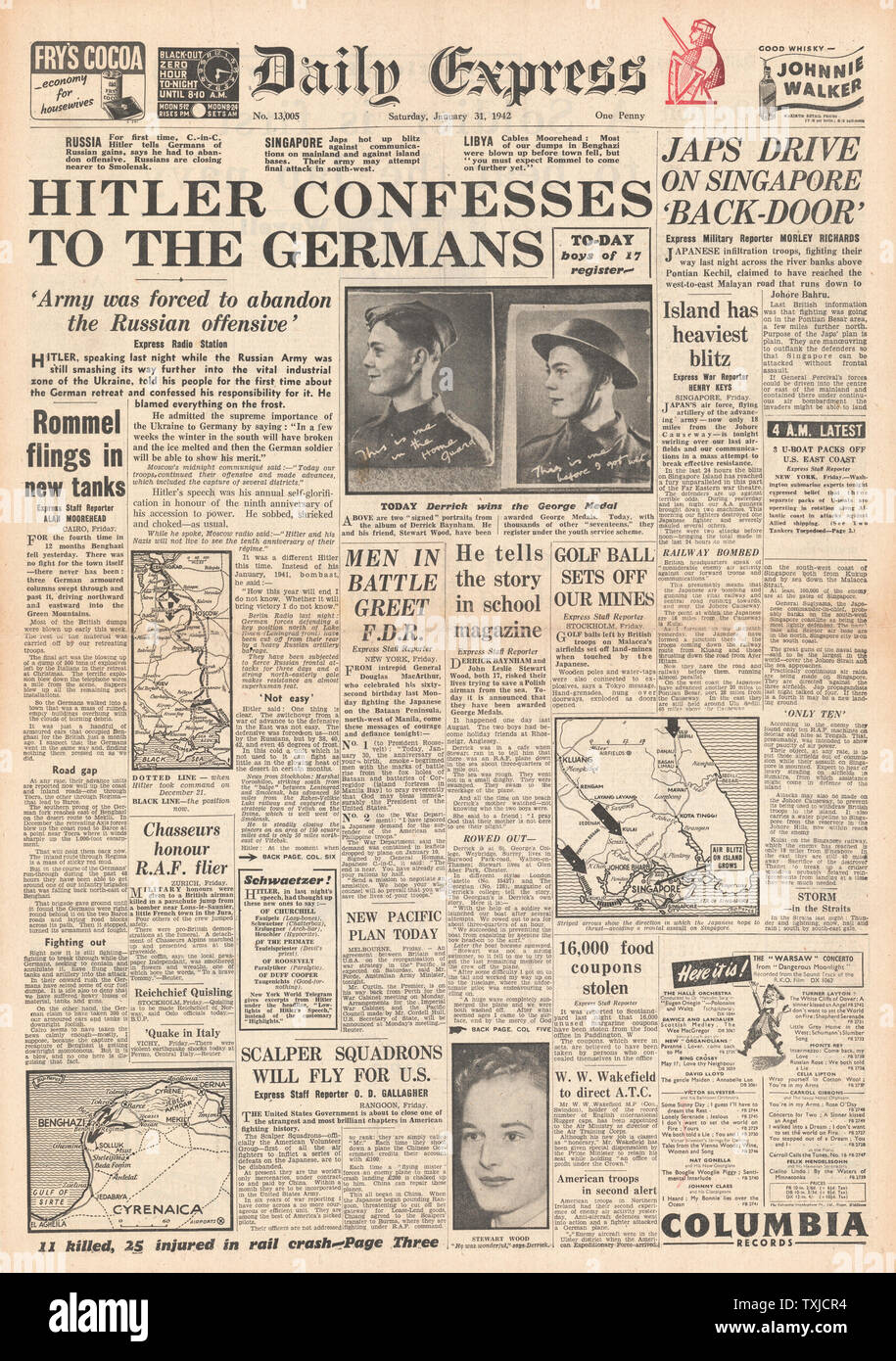 1942 front page Daily Express donne Hitler discours à offensive russe, l'armée japonaise à l'avance sur Singapour et les forces de l'axe Benghazi récupération Banque D'Images