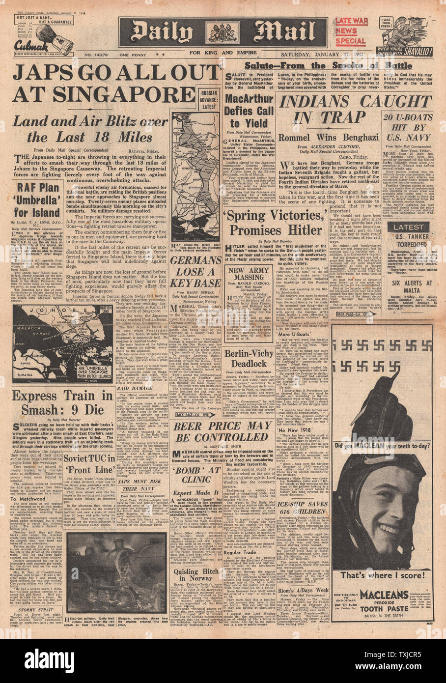 1942 front page Daily Mail l'avance de l'armée japonaise sur Singapour, les forces de l'axe reprendre Benghazi et l'avance de l'armée russe à Kiev Banque D'Images