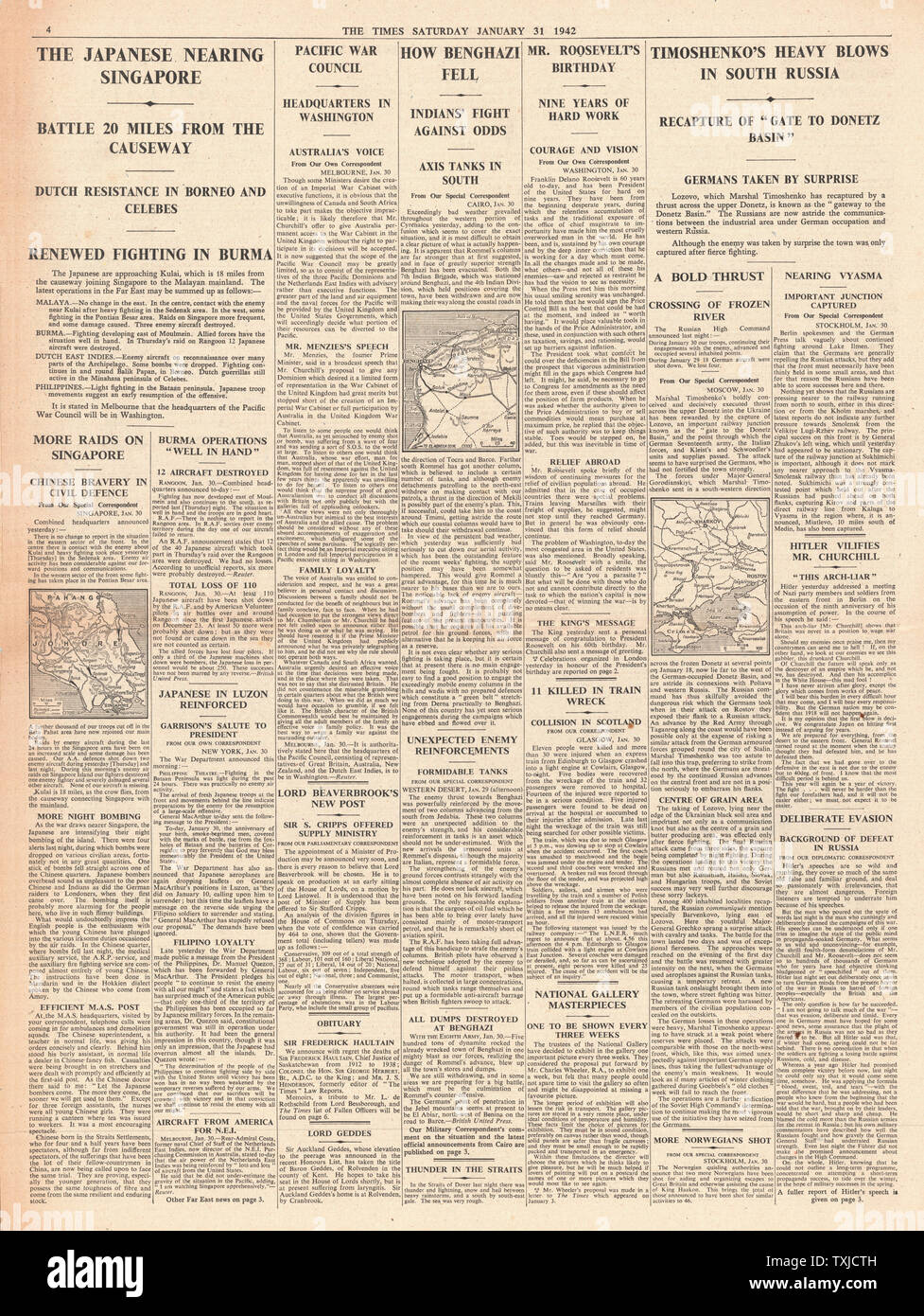 1942 page 4 la fois armée japonaise avance sur Singapour, les forces de l'axe reprendre Benghazi et l'avance de l'armée russe à Kiev Banque D'Images