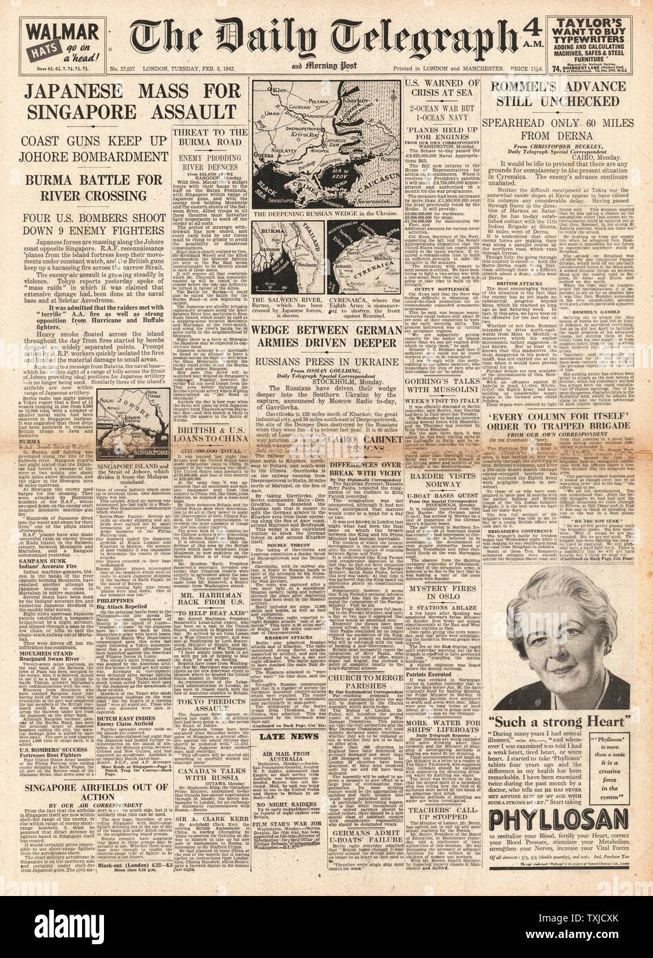 1942 front page Daily Telegraph Bataille pour Singapour et les forces de l'axe l'avance en Libye Banque D'Images