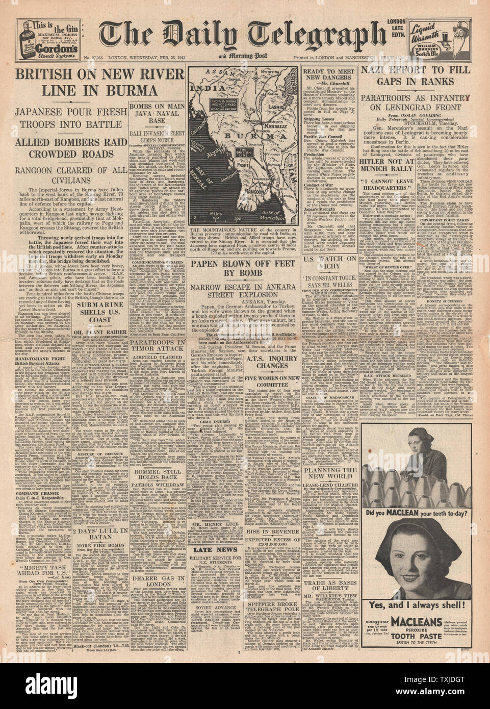 1942 front page Daily Telegraph bataille pour la Birmanie Banque D'Images