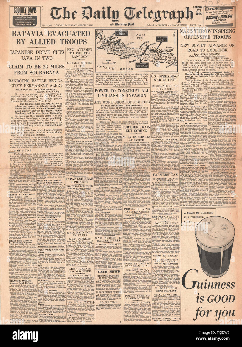 1942 front page Daily Telegraph Bataille pour Java et Ministère du travail donné le pouvoir de recruter tous les civils Banque D'Images