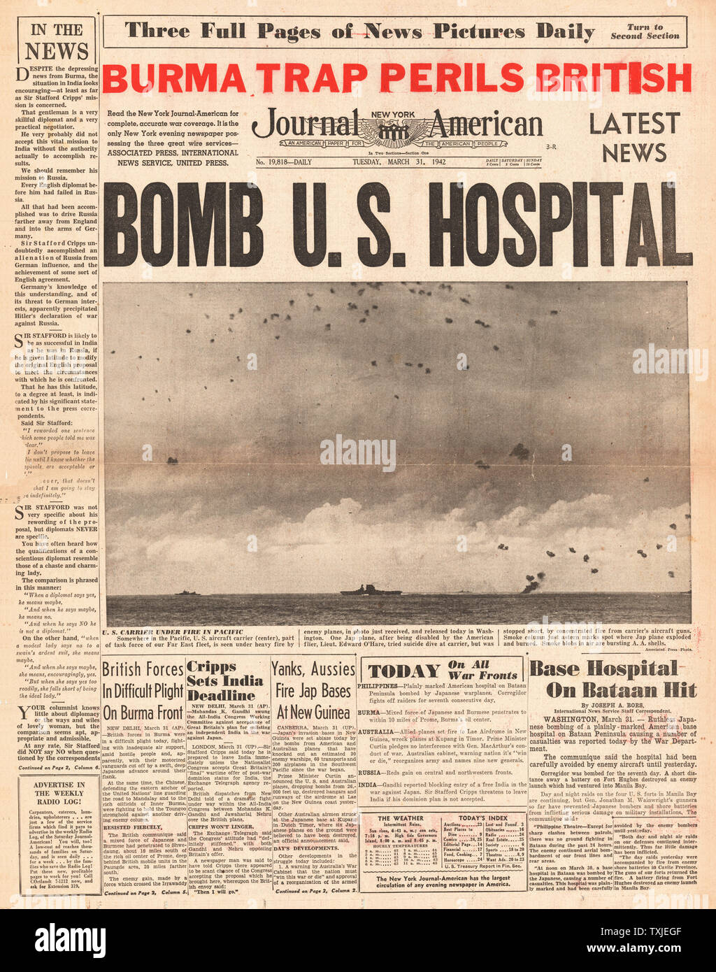 1942 front page New York Journal American Airforce japonais aux États-Unis bombe à Bataan Hôpital Banque D'Images