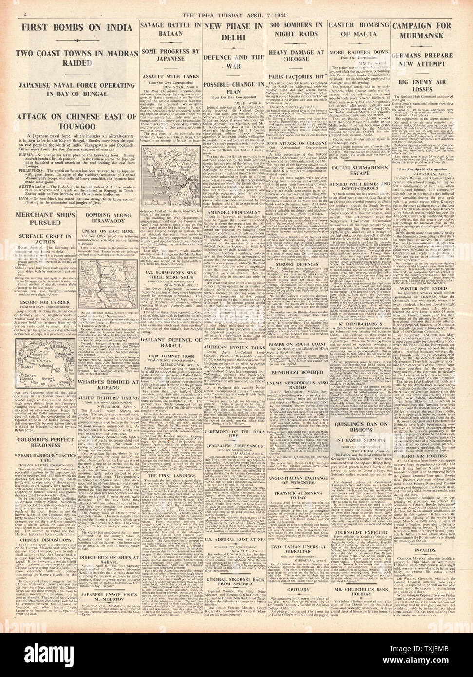 1942 page 4 La première fois raid aérien japonais sur l'Inde Banque D'Images