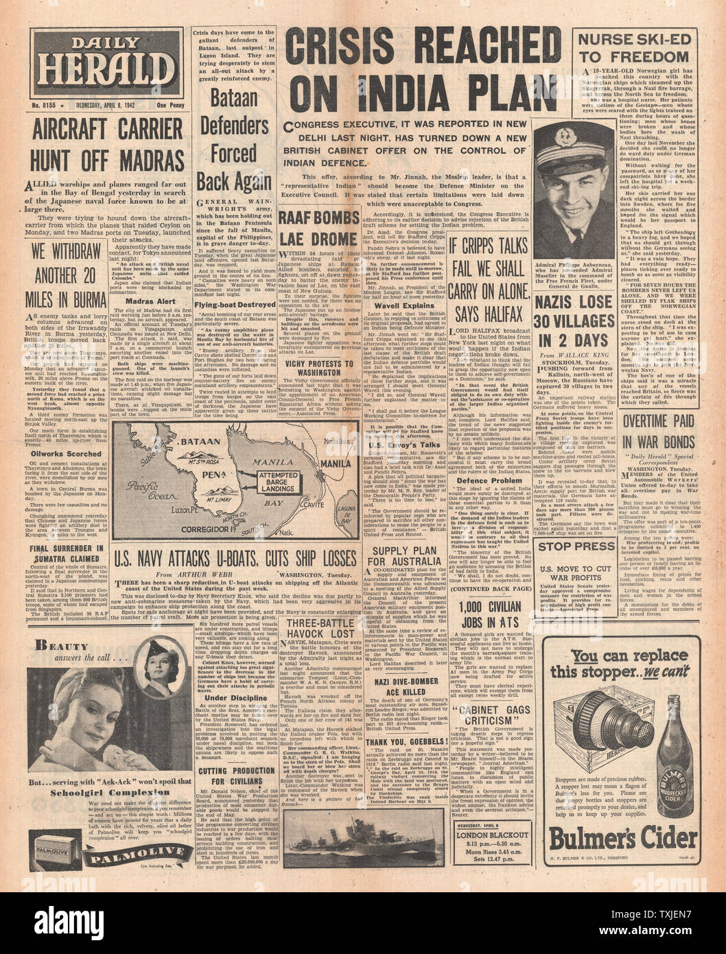 1942 front page Daily Herald Indian Congress offre la rejeter, Bataille pour la Birmanie et Bataan Banque D'Images