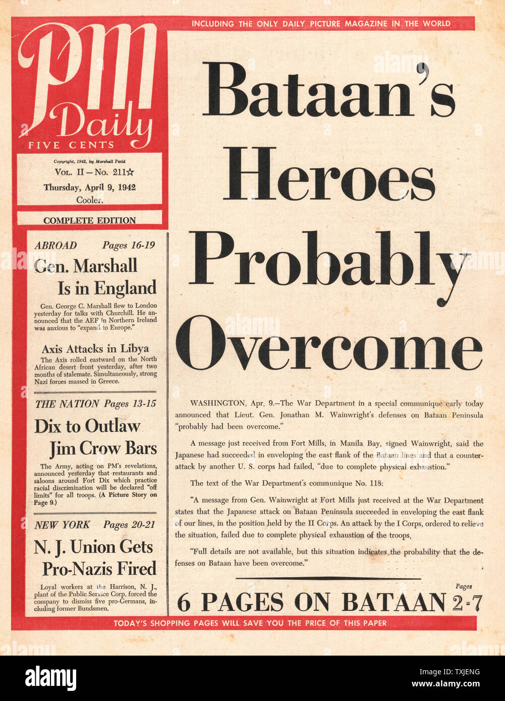 Front Page 1942 22:00 (New York) U.S. Army vaincue à Bataan Banque D'Images