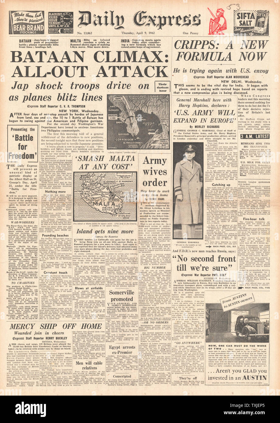 1942 front page Daily Express Bataille pour Bataan, pourparlers diplomatiques de l'Inde et de bombe de la Luftwaffe Malte Banque D'Images