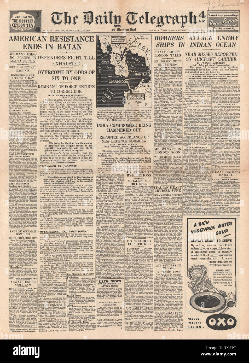 1942 front page Daily Telegraph bataille sur la péninsule de Bataan, bataille navale dans la baie du Bengale, pourparlers diplomatiques de l'Inde et de Raid de la Luftwaffe sur Malte Banque D'Images