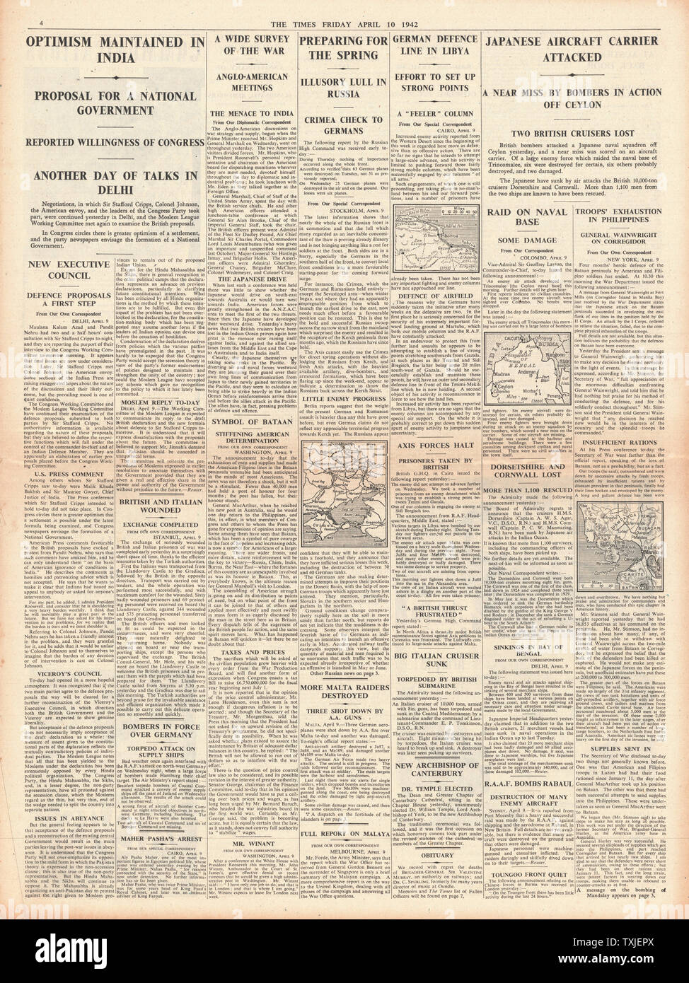 1942 page 4 l'époque de la bataille sur la péninsule de Bataan, bataille navale dans la baie du Bengale, pourparlers diplomatiques de l'Inde et de Raid de la Luftwaffe sur Malte Banque D'Images