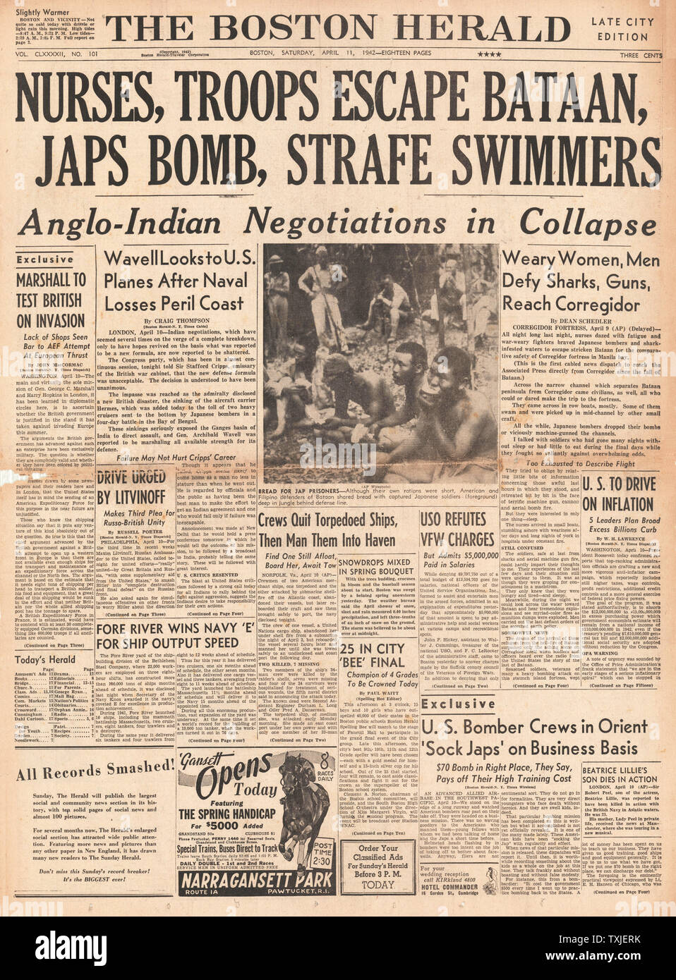 1942 front page le Boston Herald les forces alliées en retraite de Bataan Banque D'Images