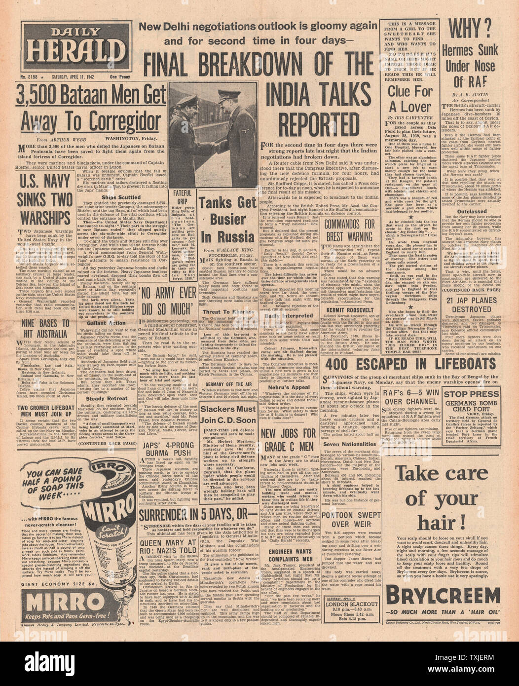 1942 front page Daily Herald chefs du Congrès indien de rejeter les propositions britanniques et les Forces alliées en retraite de Bataan Banque D'Images
