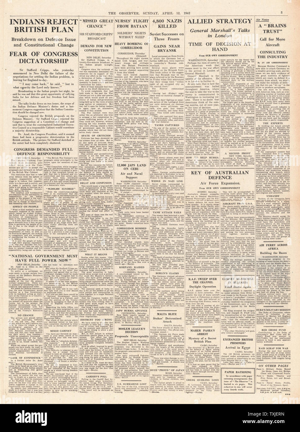 1942 page 5 l'Observateur des pourparlers diplomatiques échouent dans l'Inde et les retraite de Bataan Banque D'Images