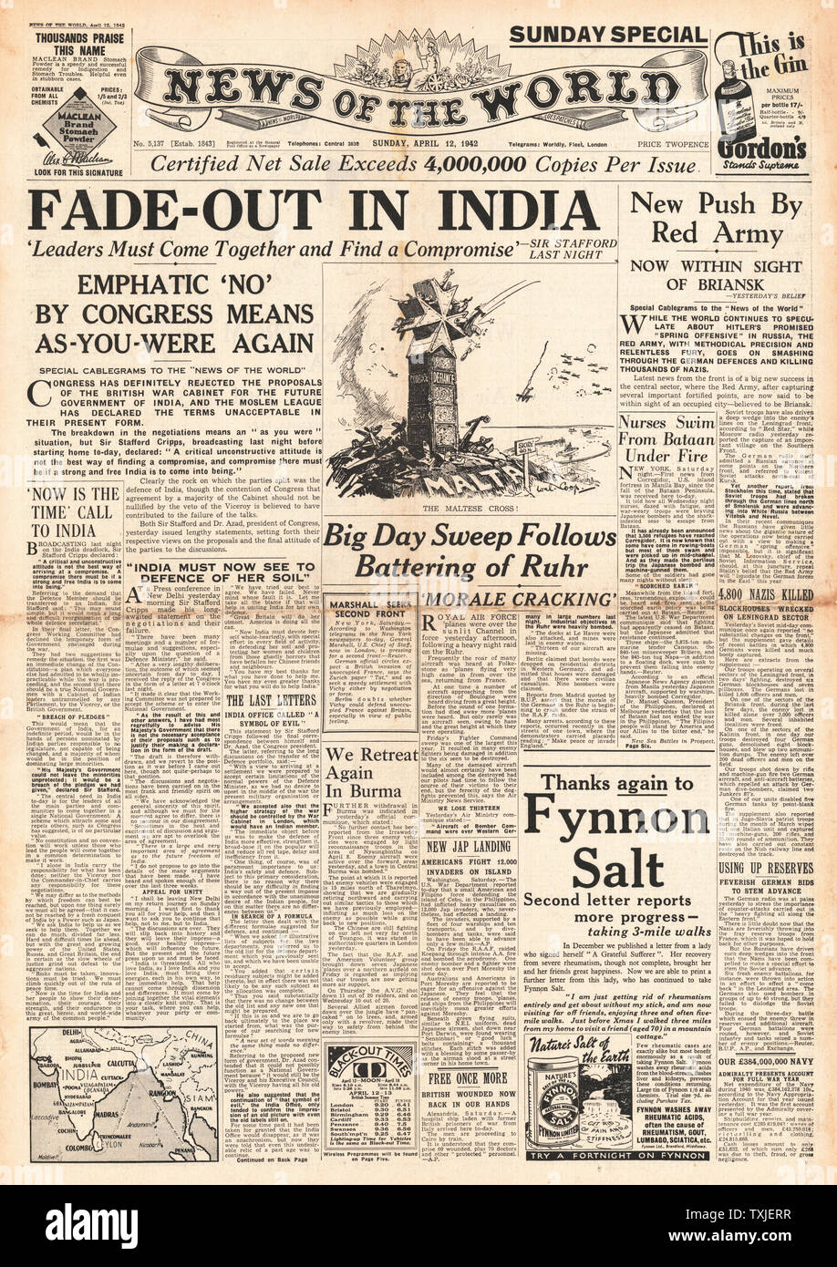 1942 front page News du monde pourparlers diplomatiques échouent dans l'Inde et les retraite de Bataan et RAF Ruhr bombe Banque D'Images