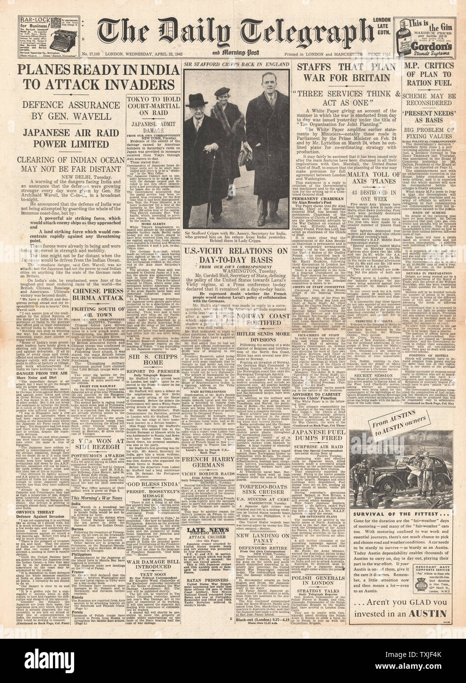 1942 front page Daily Telegraph l'Inde se prépare à l'invasion japonaise Banque D'Images