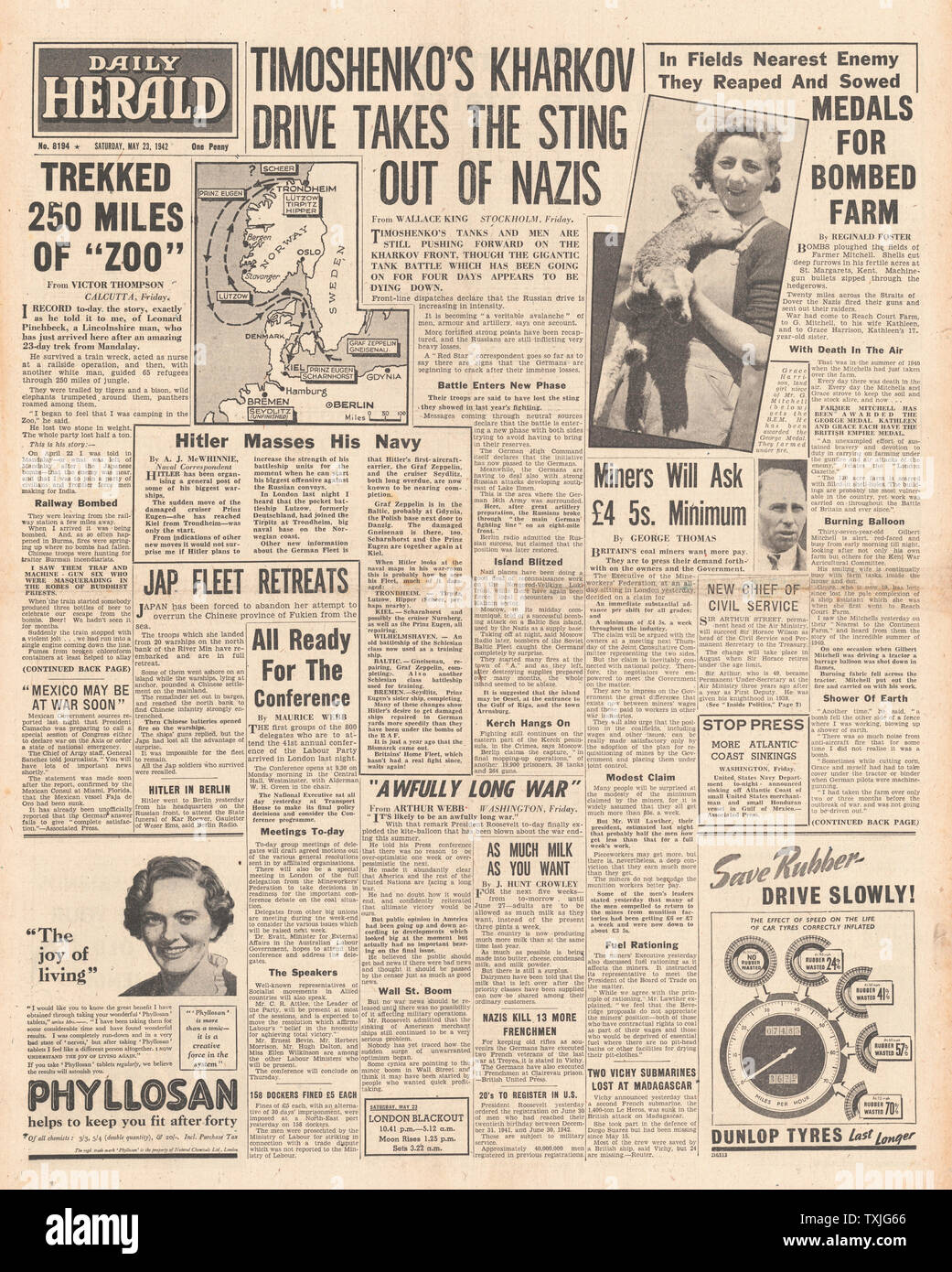 1942 front page Daily Herald Bataille pour Kharkov Banque D'Images