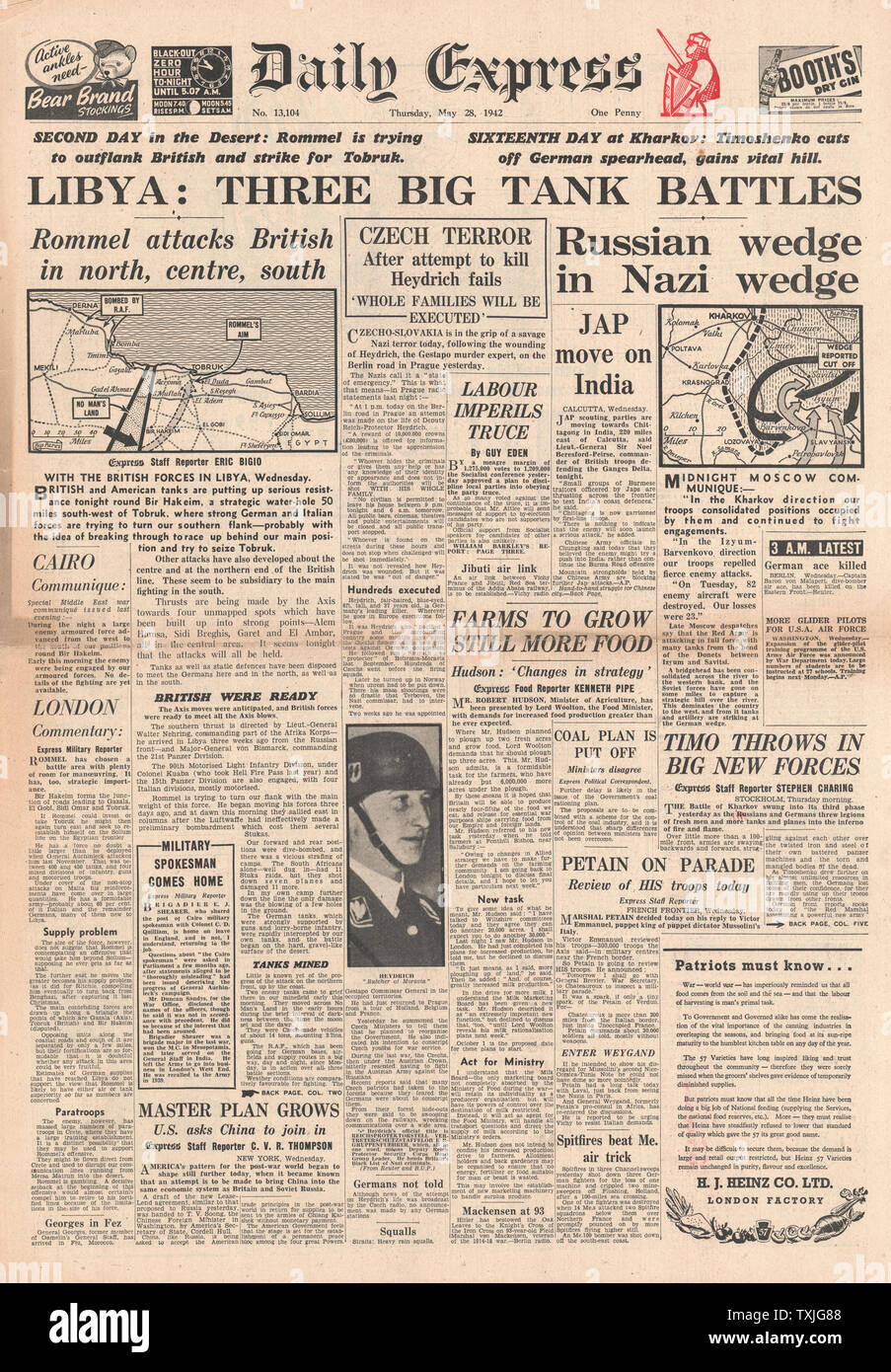 1942 front page Daily Express Rommel lance une grande offensive en Libye, Bataille pour Kharkov et Reinhard Heydrich mortellement blessé dans une attaque à la bombe à Prague Banque D'Images