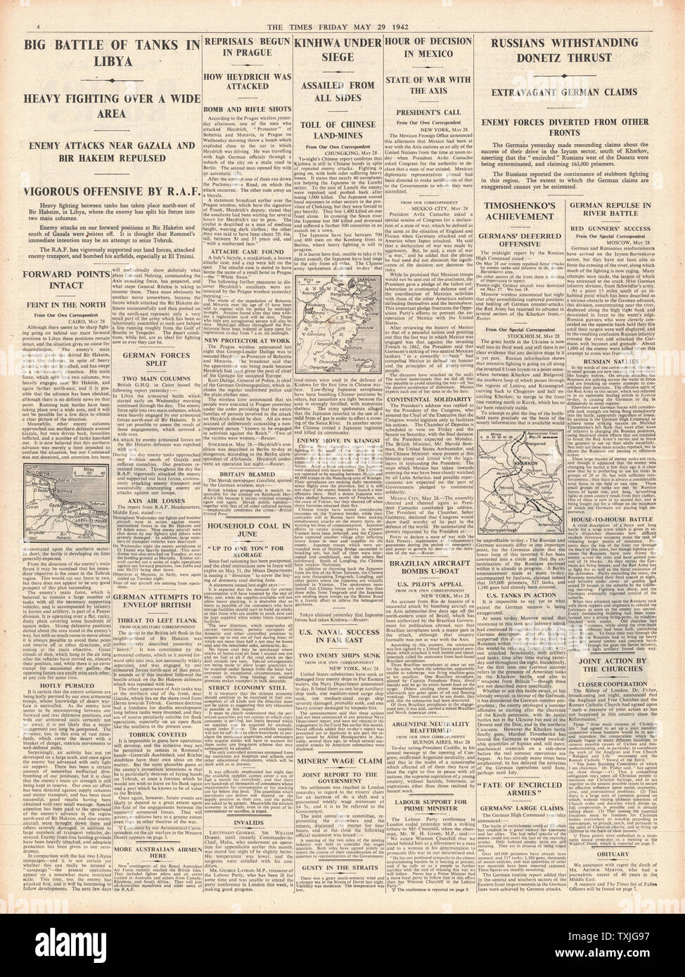 1942 page 4 la fois bataille pour la Libye, Bataille pour Kharkov, représailles à Prague et Kinhwa assiégée Banque D'Images