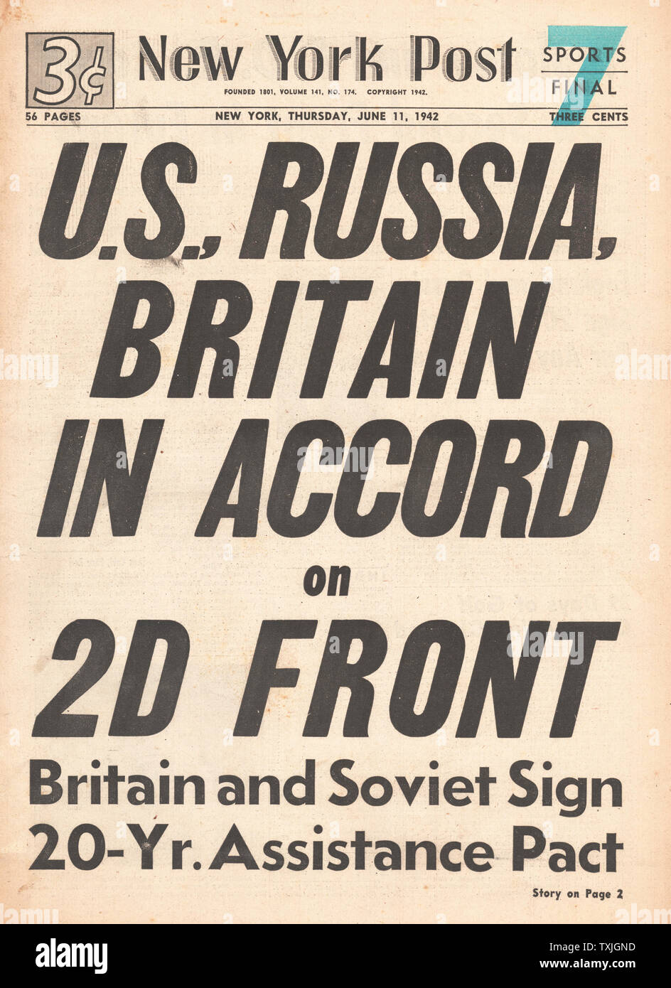 1942 front page New York Post U.S, la Grande-Bretagne et la Russie signent le Pacte d'assistance Banque D'Images