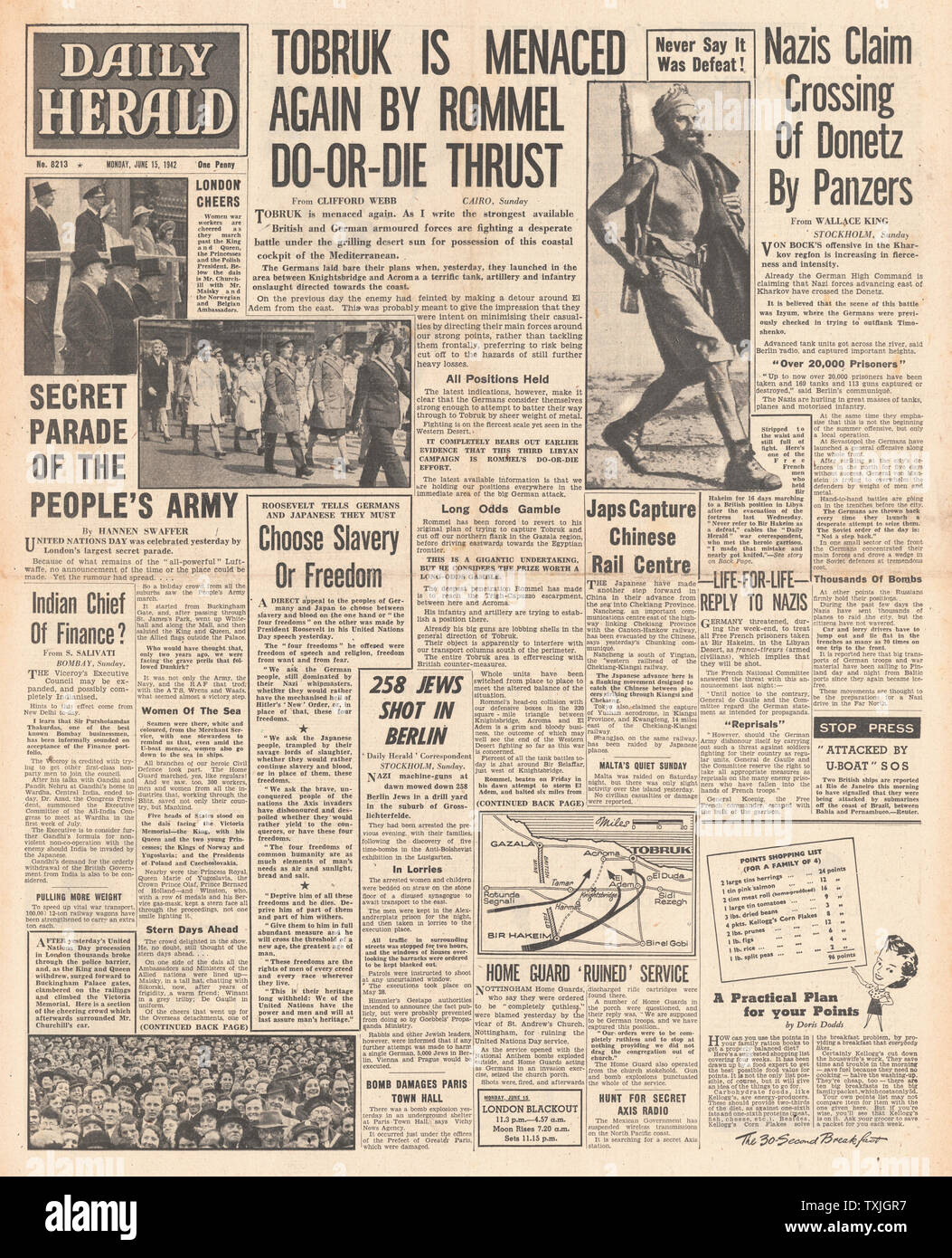 1942 première page Daily Herald bataille pour Tobrouk et l'armée allemande avancent autour de Kharkov Banque D'Images