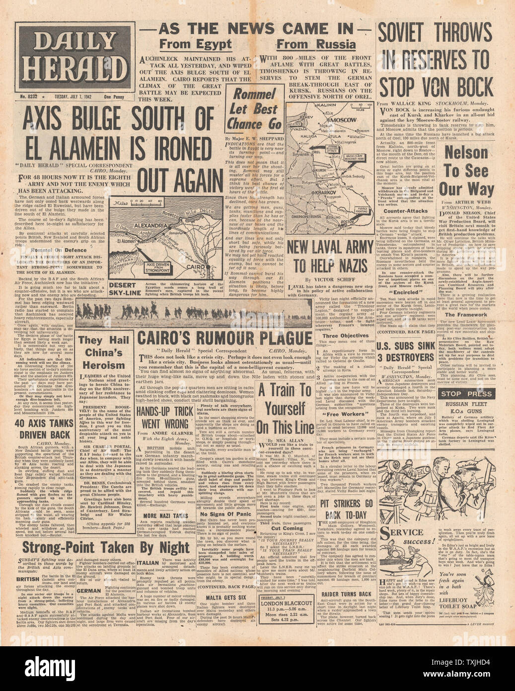 1942 front page Daily Herald Bataille pour El Alamein, Koursk, Orel et Kharkov Banque D'Images