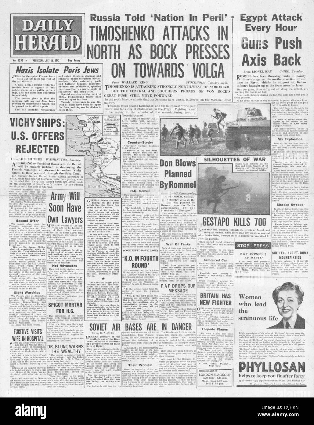 1942 front page Daily Herald contre-attaque russe à Voronej et les forces de l'axe de réflexion de l'Égypte Banque D'Images