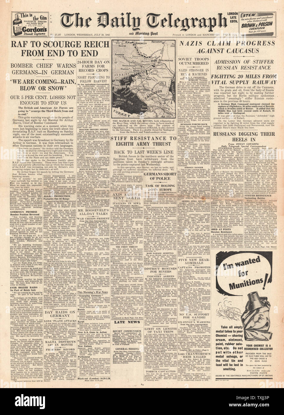 1942 front page Daily Telegraph Bataille pour Rostov & Caucase, Bataille pour l'Egypte et de l'Air Marshal Sir Arthur Harris va "fléau du Troisième Reich de bout en bout' Banque D'Images