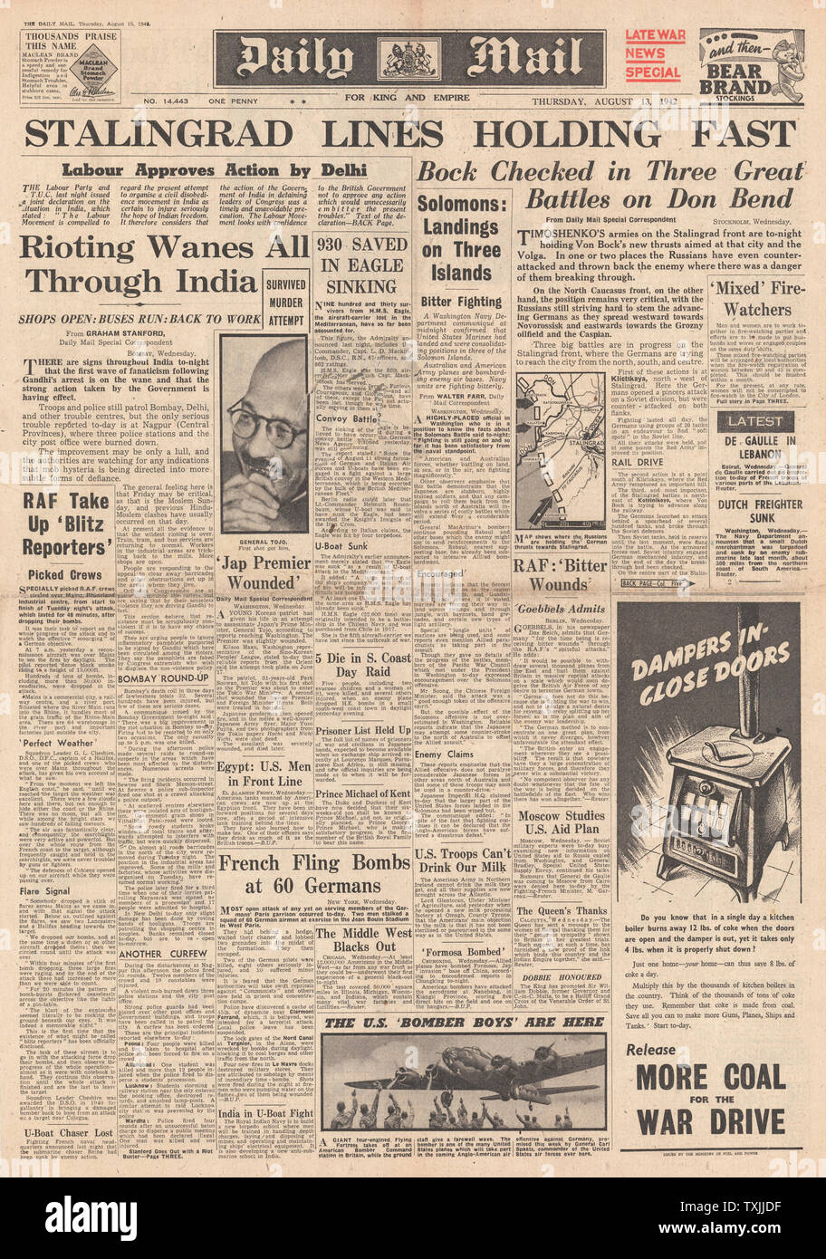 1942 front page Daily Mail Bataille de Stalingrad, la bataille pour le Caucase, des émeutes de Bombay, l'armée allemande avance sur Stalingrad et la bataille pour les Îles Salomon Banque D'Images