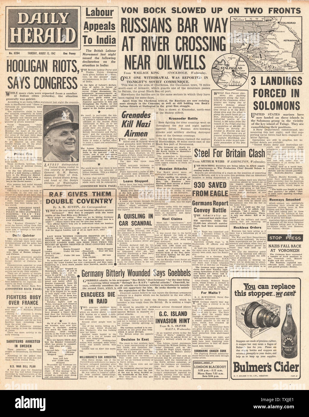 1942 front page Daily Herald Bataille pour Stalingrad, la bataille pour le Caucase, des émeutes de Bombay, l'armée allemande avance sur Stalingrad et la bataille pour les Îles Salomon Banque D'Images